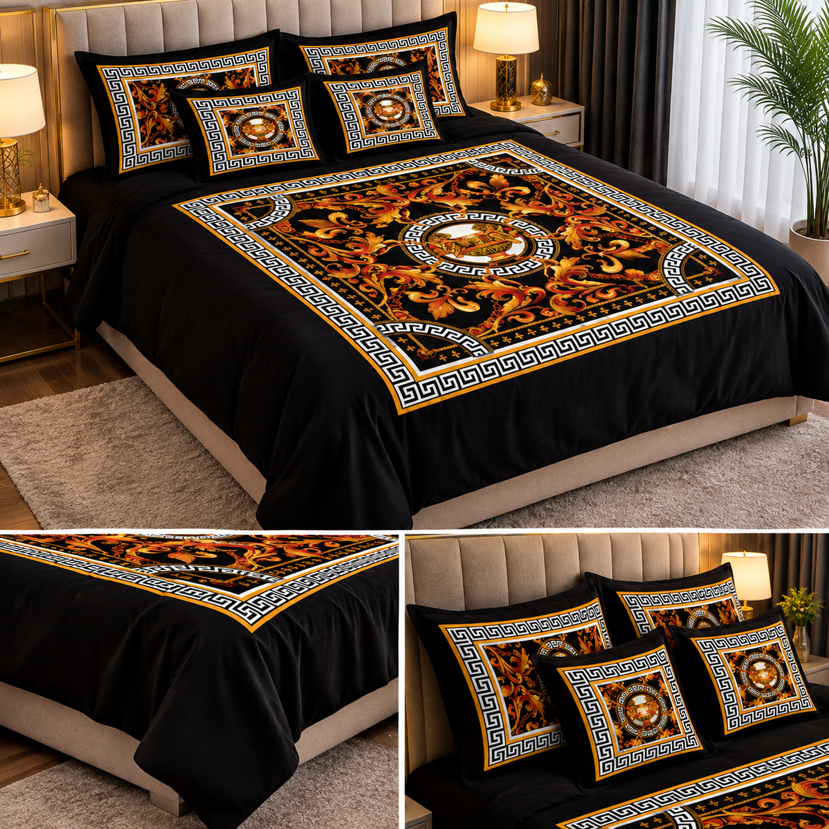 Black & Gold Baroque Medallion Bedding Set