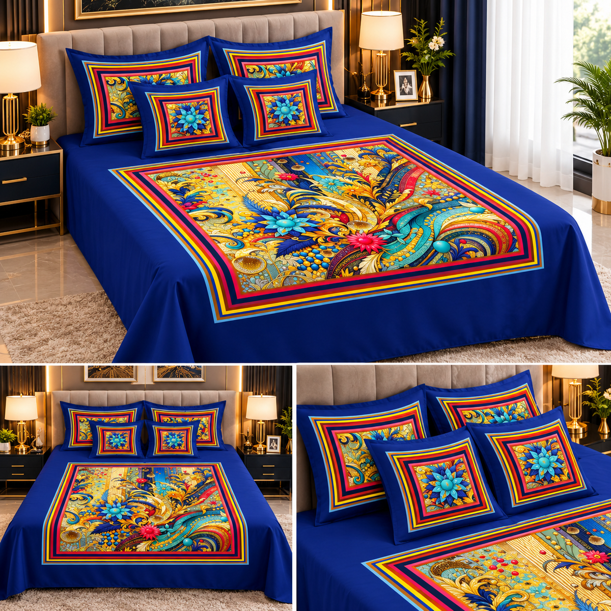 Royal Blue Baroque Floral Bed Sheet