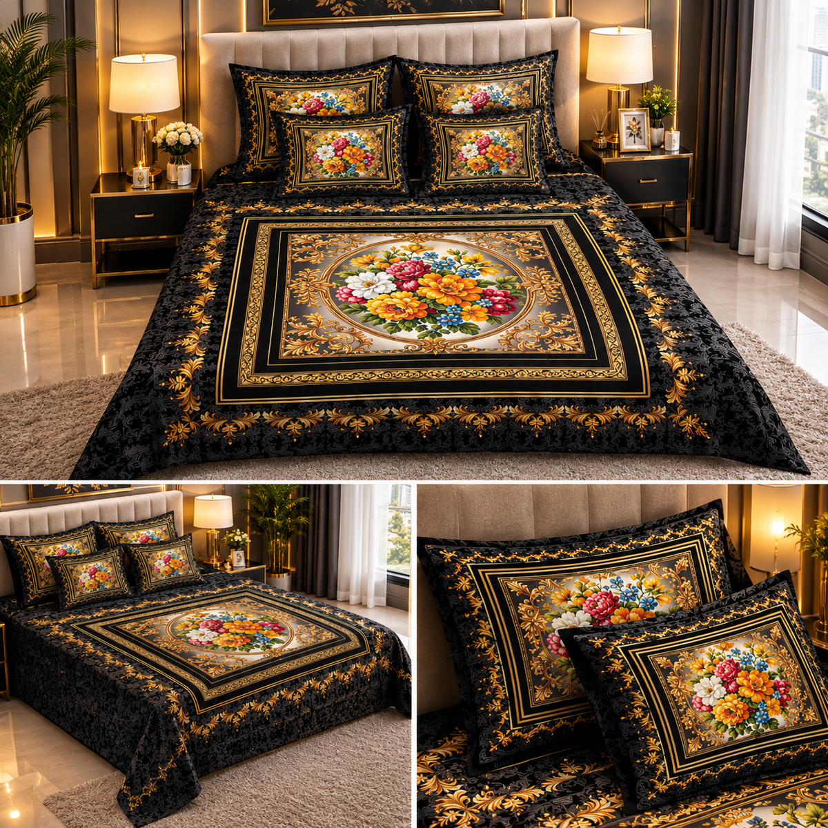 Black & Gold Floral Frame Bed Sheet