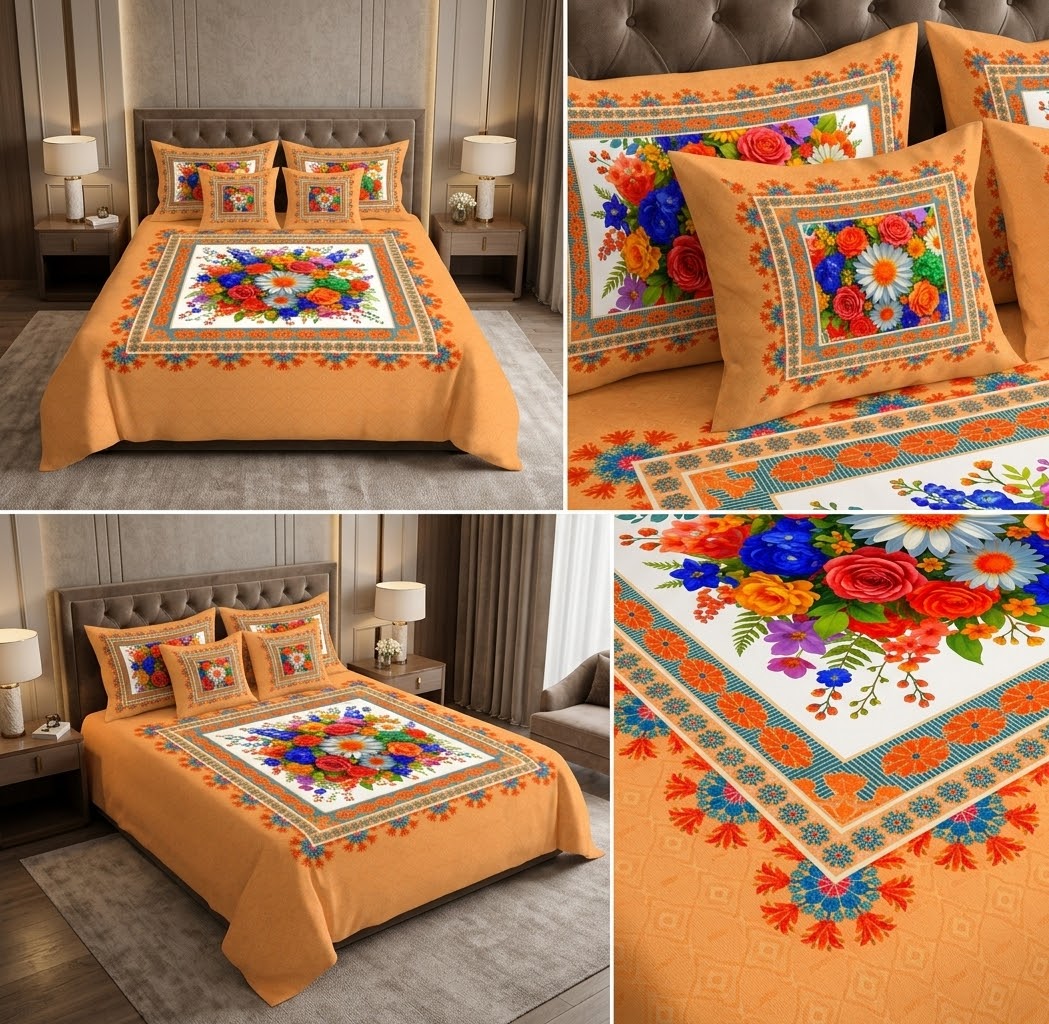 Peach Multicolor Floral Bouquet Bedding Set