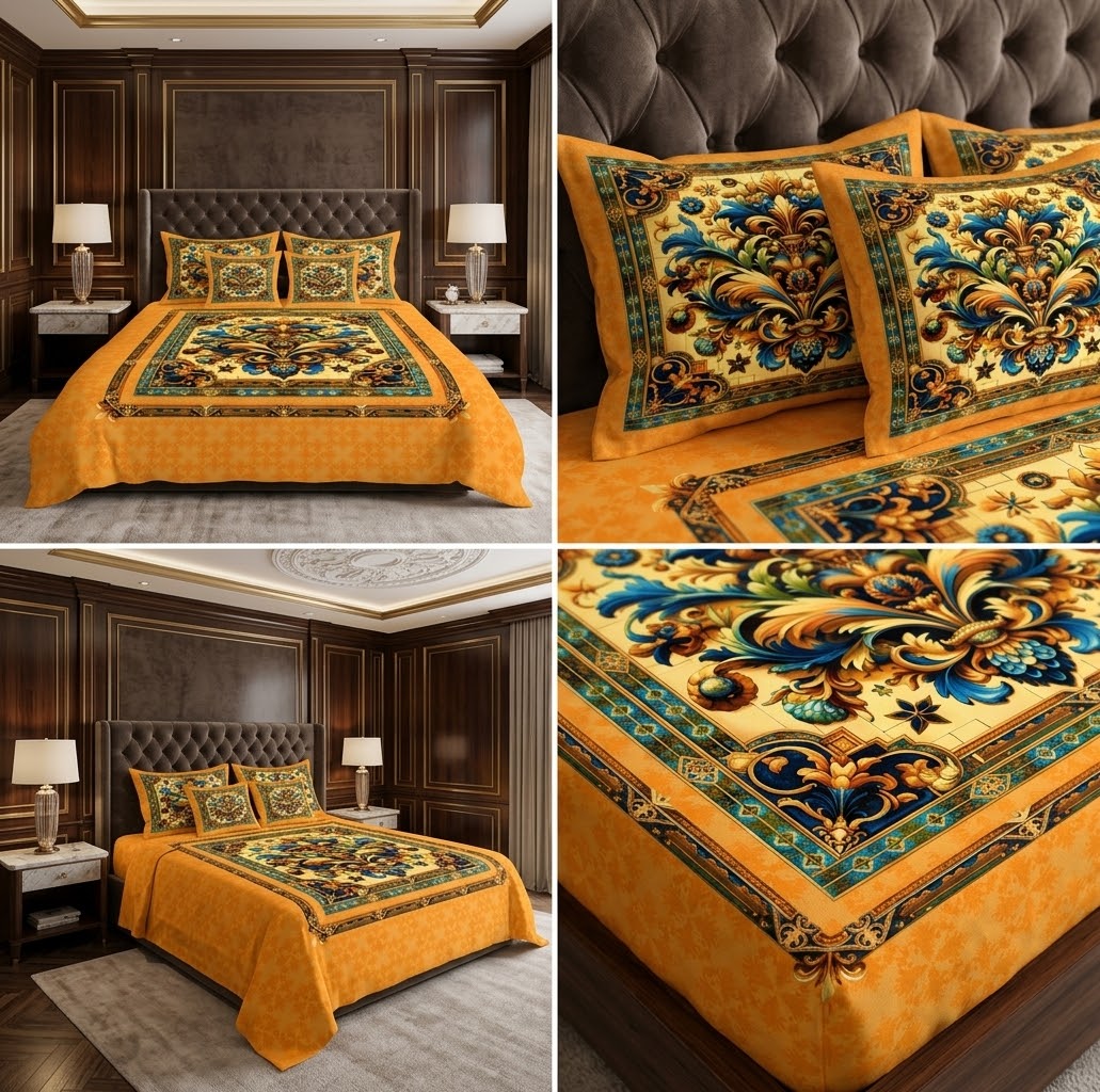 Golden Baroque Damask Bedding Set