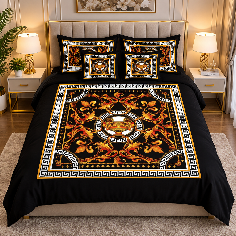 Black & Gold Baroque Medallion Bedding Set