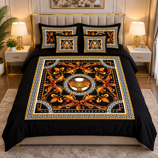 Black & Gold Baroque Medallion Bedding Set