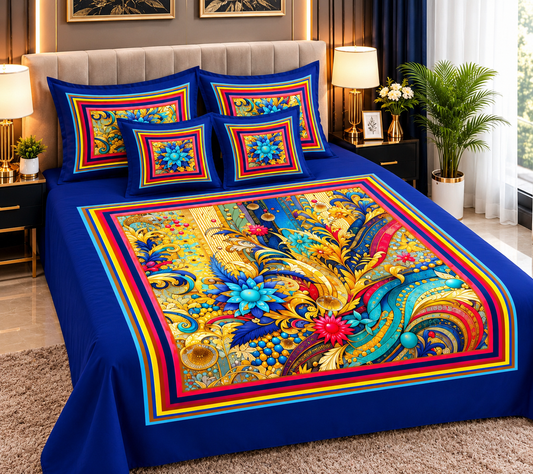 Royal Blue Baroque Floral Bed Sheet