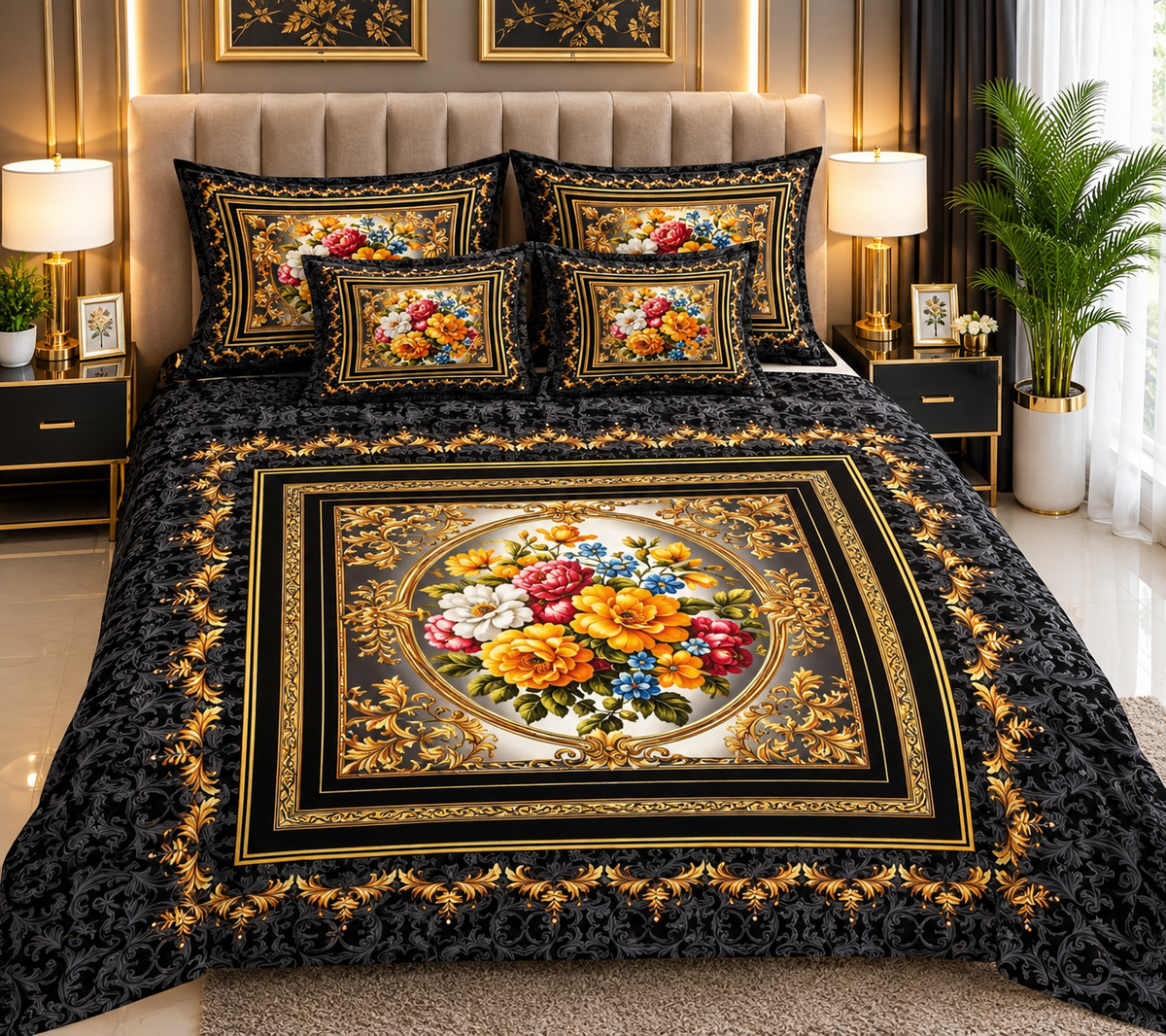 Black & Gold Floral Frame Bed Sheet