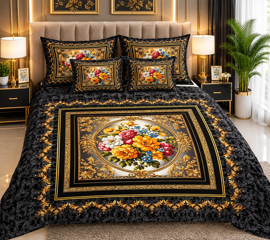 Black & Gold Floral Frame Bed Sheet