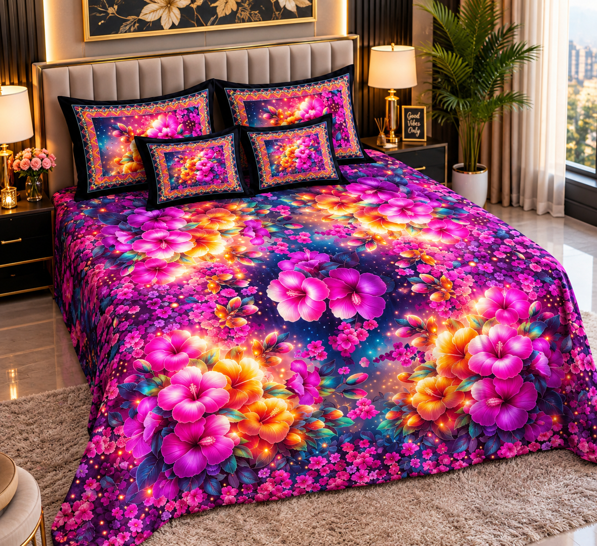 Galaxy Hibiscus Floral Bed Sheet