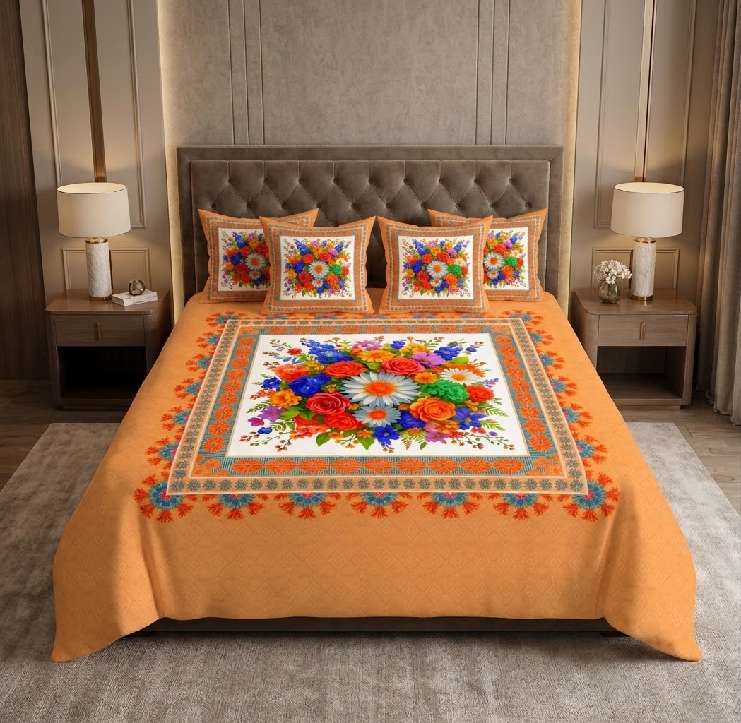 Peach Multicolor Floral Bouquet Bedding Set