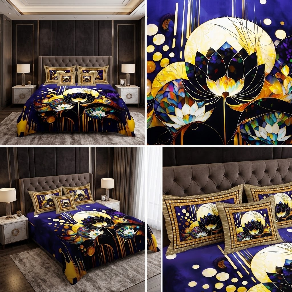 Stained Glass Lotus Midnight Bedding Set