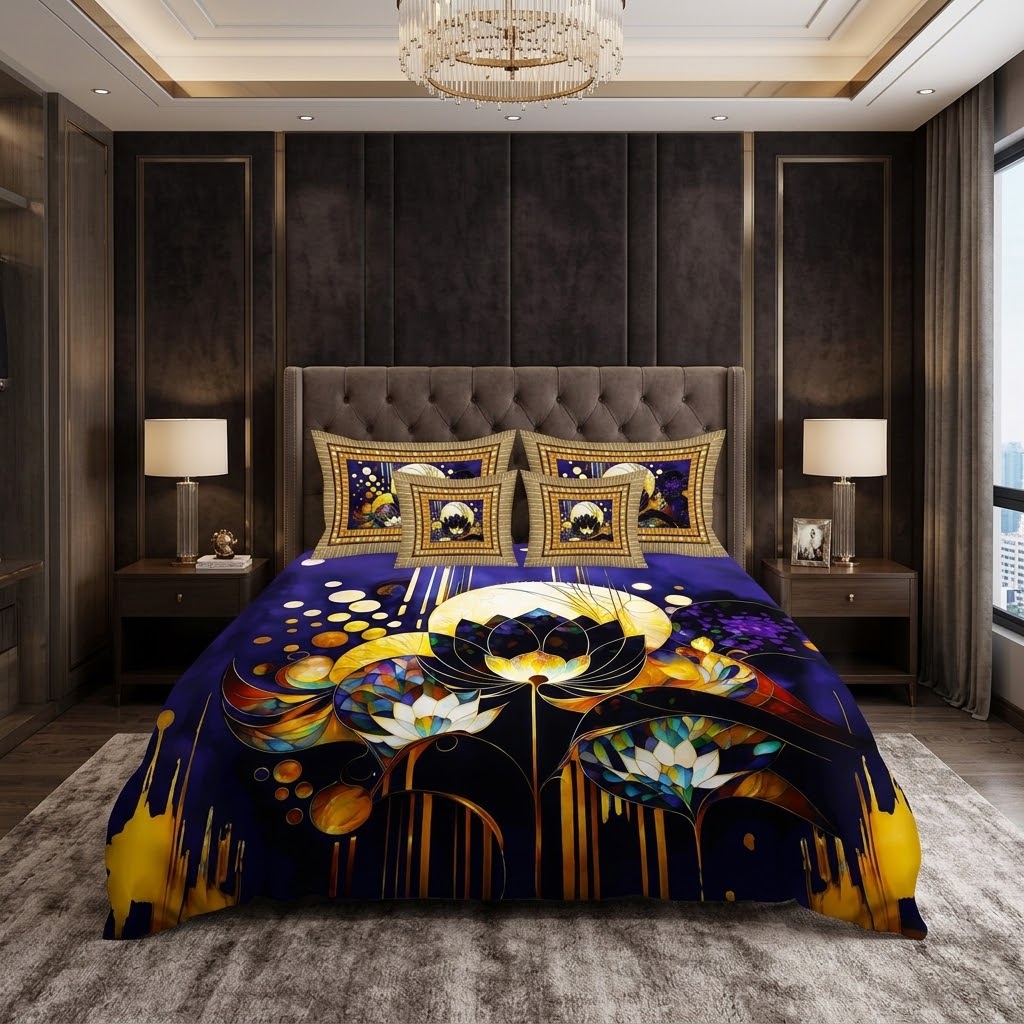 Stained Glass Lotus Midnight Bedding Set