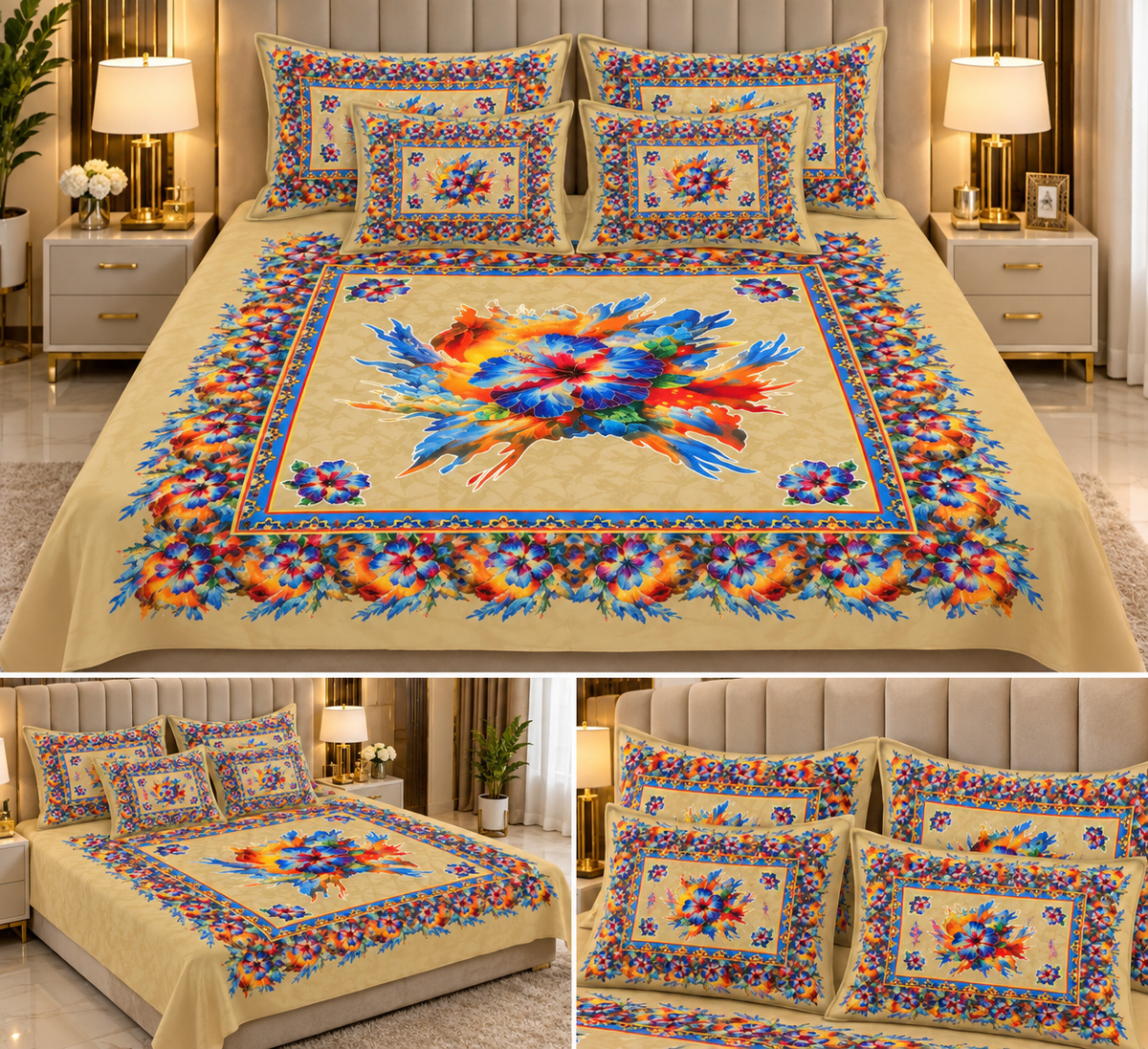 Golden Floral Burst Bordered Bedding Set