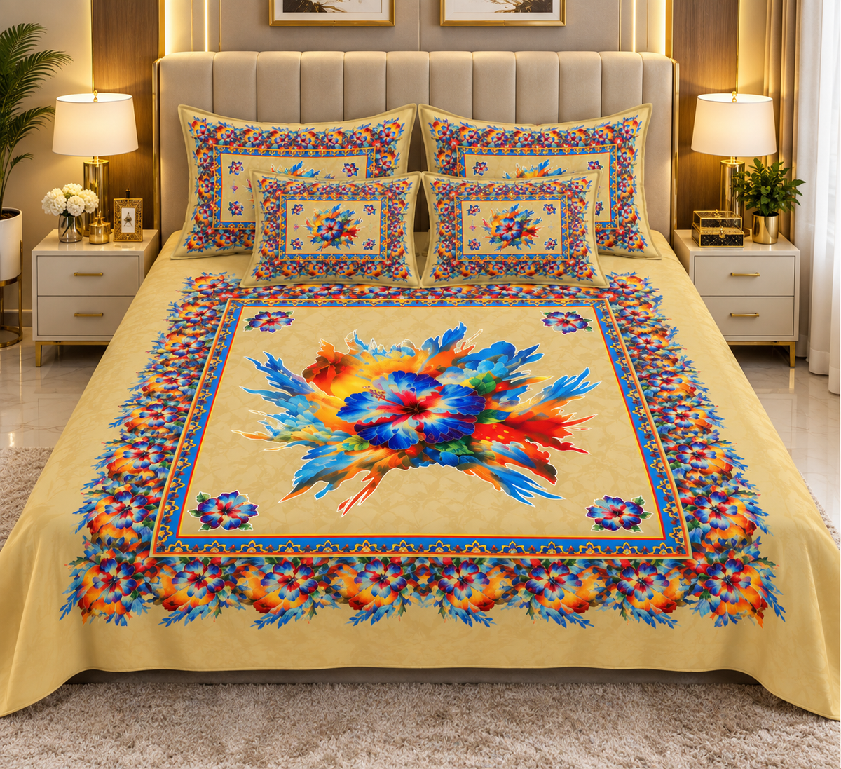 Golden Floral Burst Bordered Bedding Set